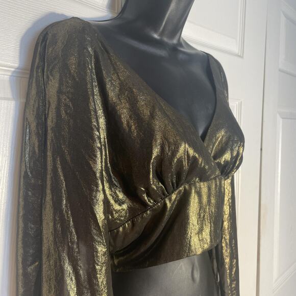 bebe Shirt Women XS Gold Metallic Wrap Tie Crop Top Long Sleeve V Neck Party - Picture 2 of 8